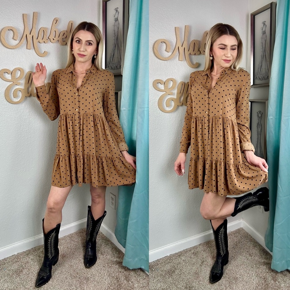 Stradivarius western boho brown dotted long sleeve tunic dress size small
